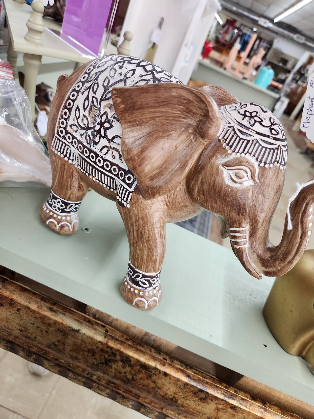 Hand-Painted Decorative Wood Elephant Figurine in Brown & White